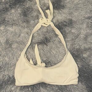 Good American Cream Ribbed Halter Bikini Top
